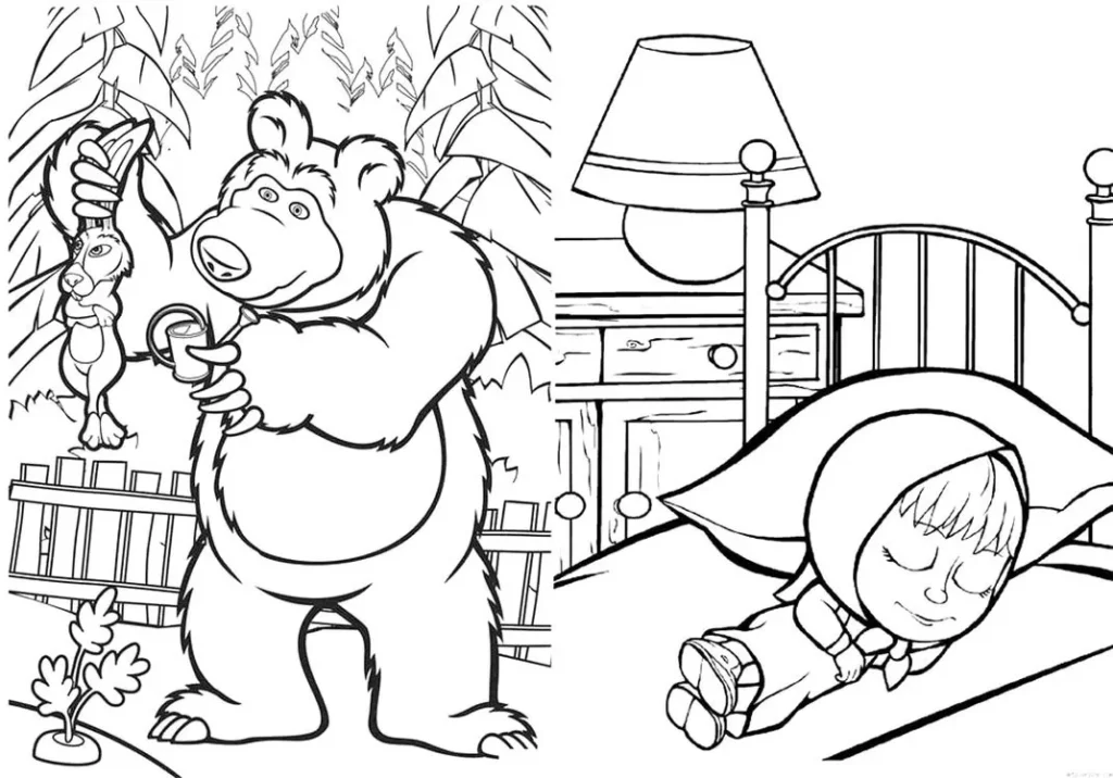 Masha e o Urso: Imagens para colorir. Urso segurando coelho e Masha dormindo.
