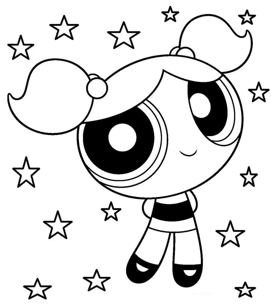 Florzinha das Meninas Super Poderosas em meio a estrelas. Desenho colorido da personagem com seu vestido listrado e cabelo característico.