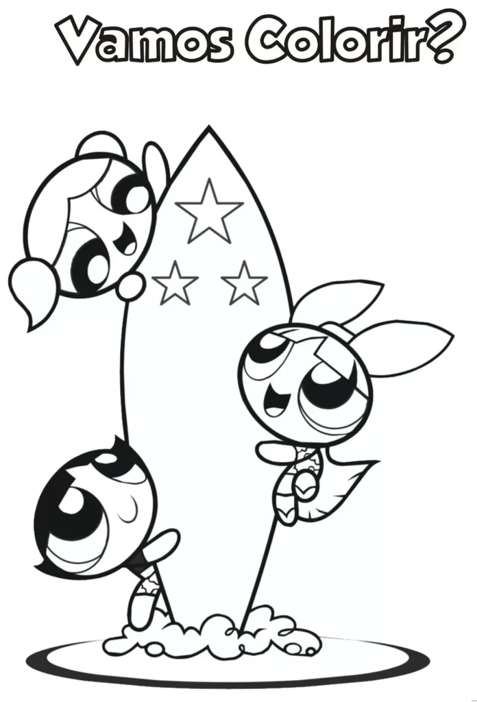 Meninas Superpoderosas surfando: desenho para colorir com Florzinha, Lindinha e Docinho em prancha de surfe.