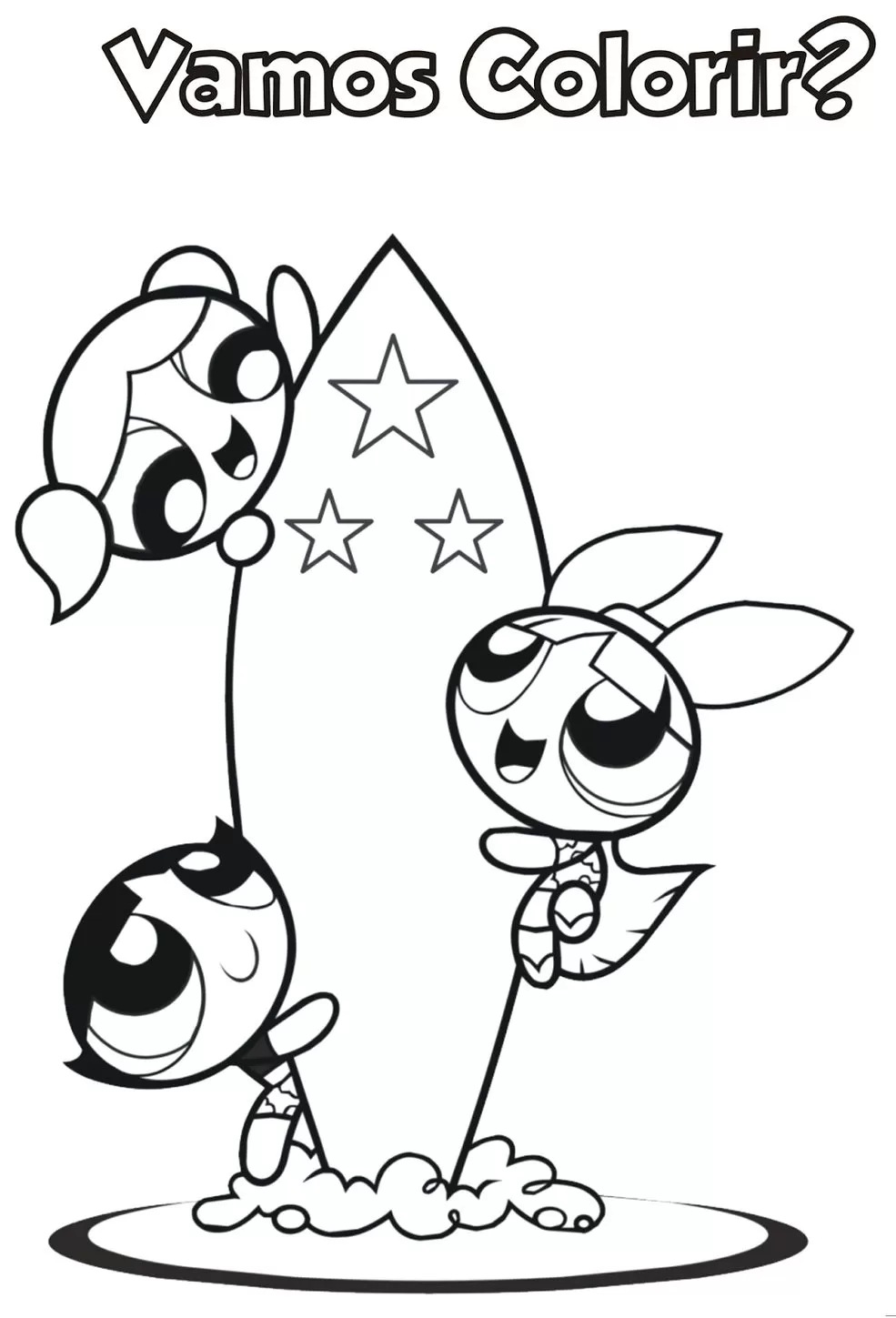 Meninas Superpoderosas surfando: desenho para colorir com Florzinha, Lindinha e Docinho em prancha de surfe.