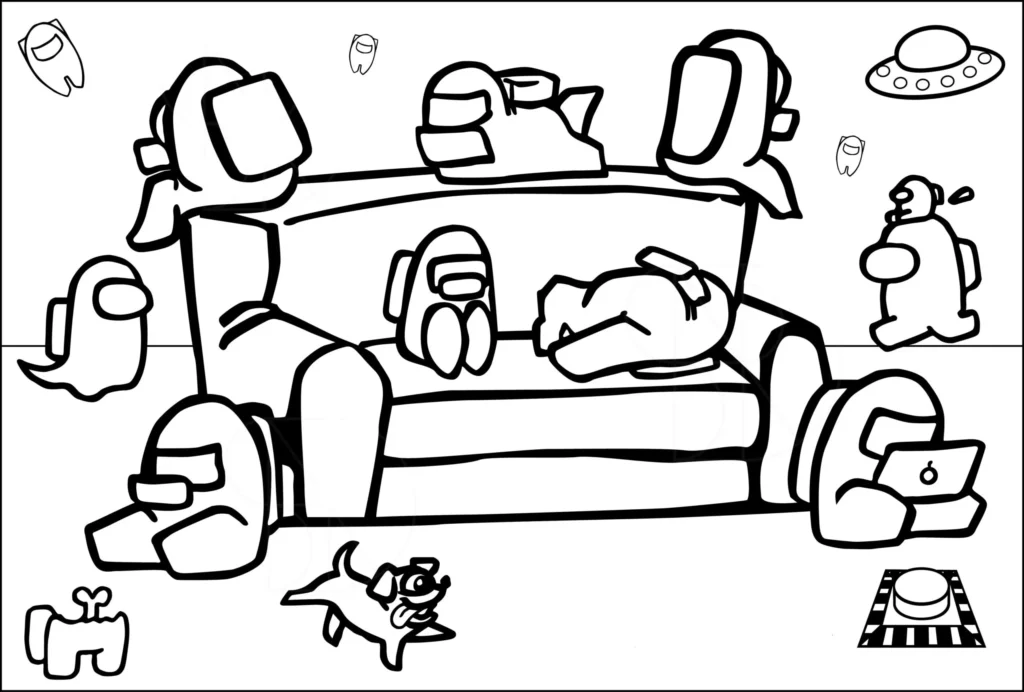 Amongs Conectados para colorir: Cena doméstica com personagens do jogo Among Us em momentos de lazer.