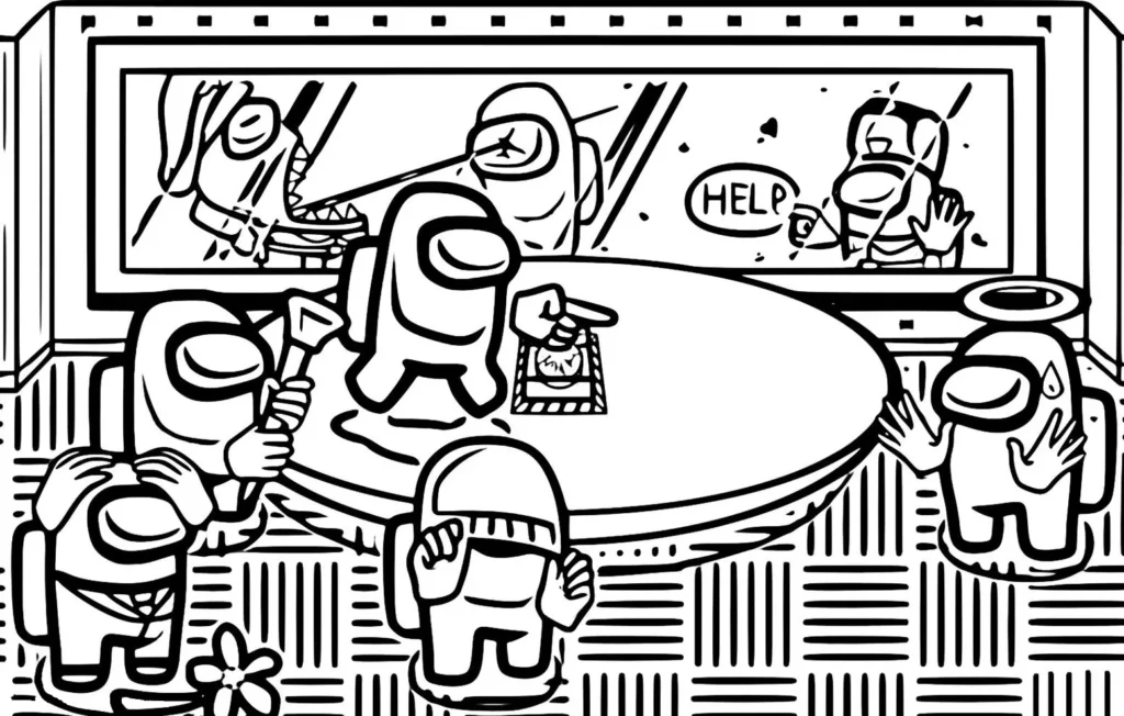 Among Us Socorro para Colorir: Cena tensa com bonecos e botão de emergência.