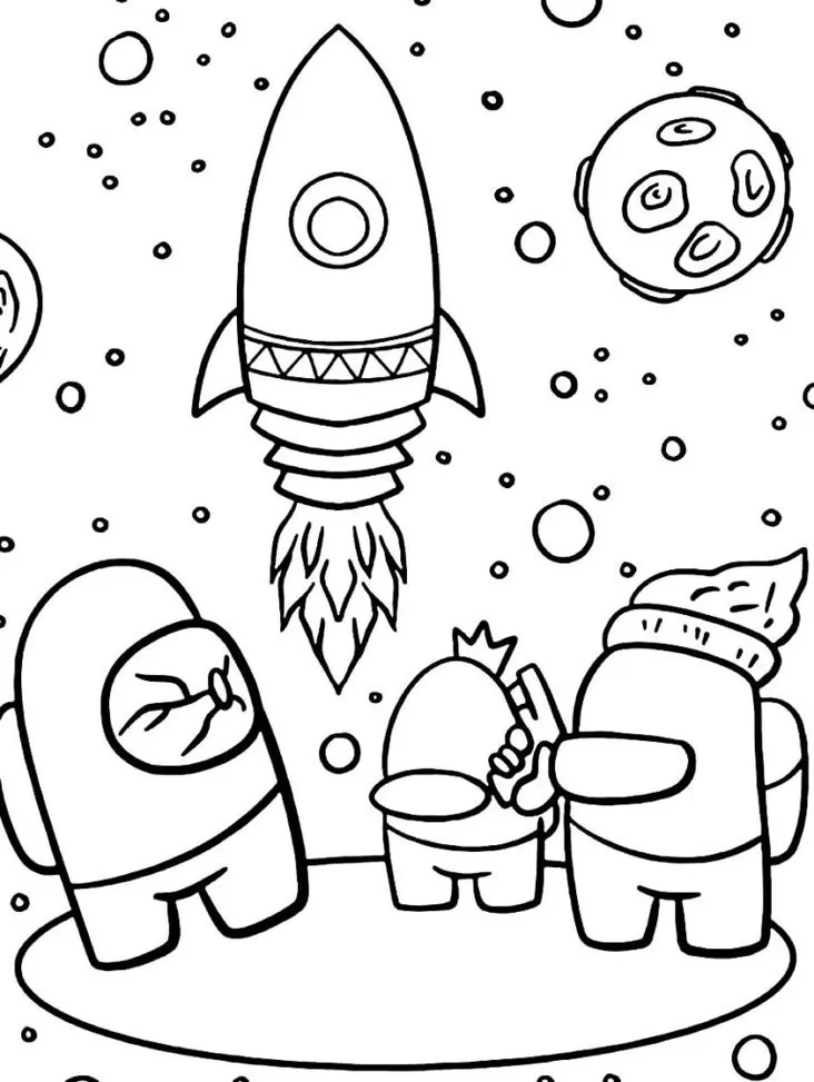 Among Us no espaço: Desenho para colorir com tema de viagem espacial