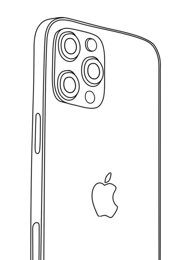 Desenhos de Celular para colorir Apple Iphone Desenho de iPhone Apple para colorir: câmera quádrupla e logo da maçã em destaque.