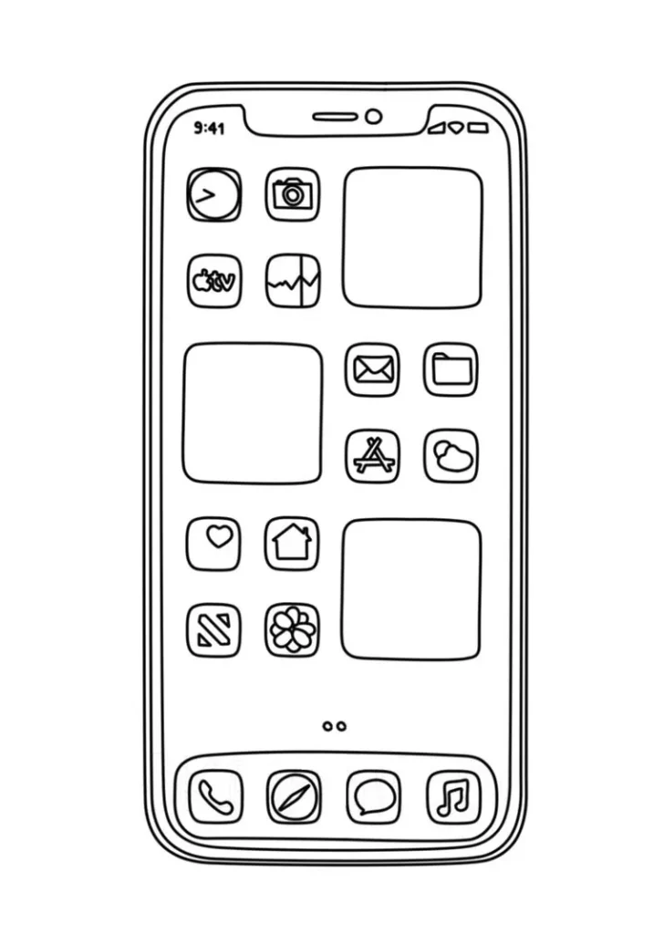 Desenhos de Celular para colorir Telefone com Aplicativos Celular com aplicativos para colorir. Desenho de smartphone com ícones na tela.