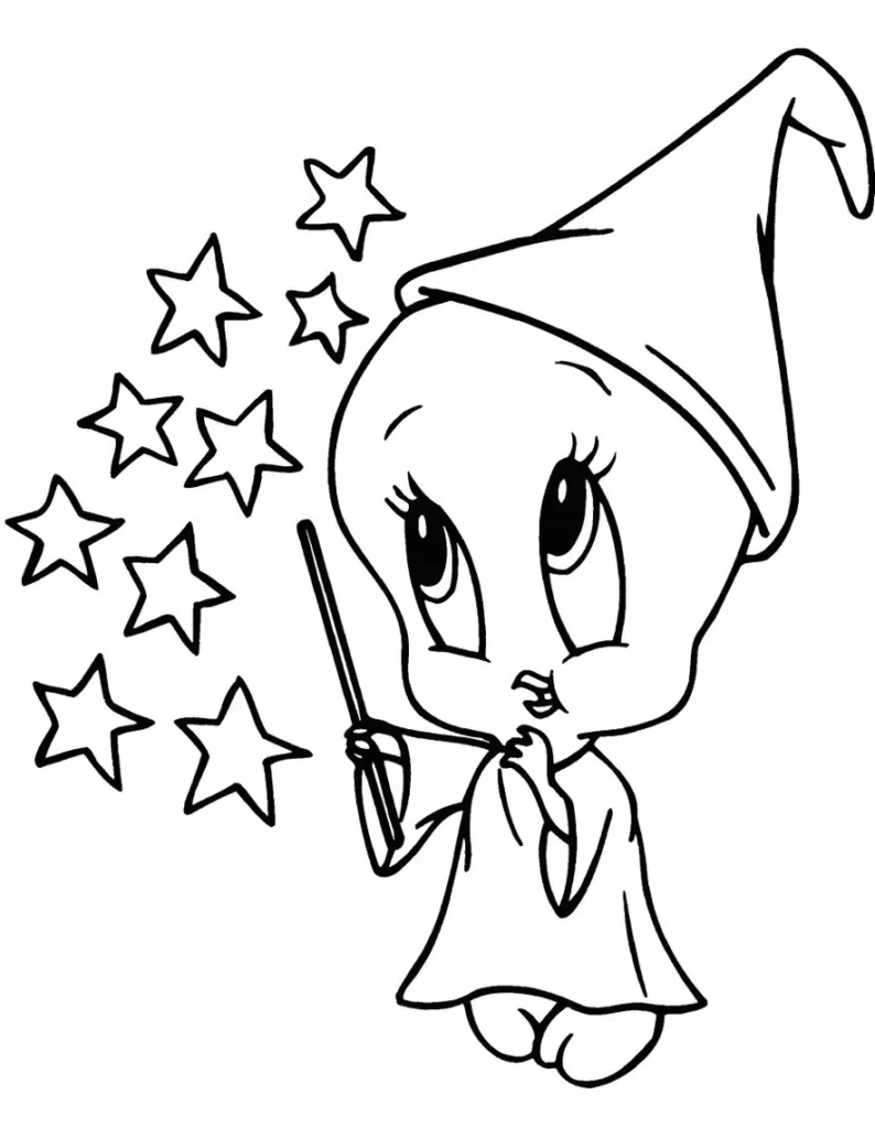 Desenhos de Piu Piu e Frajola Fada Piu Piu Piu Piu Mago: Desenho para colorir com chapéu e varinha mágica.