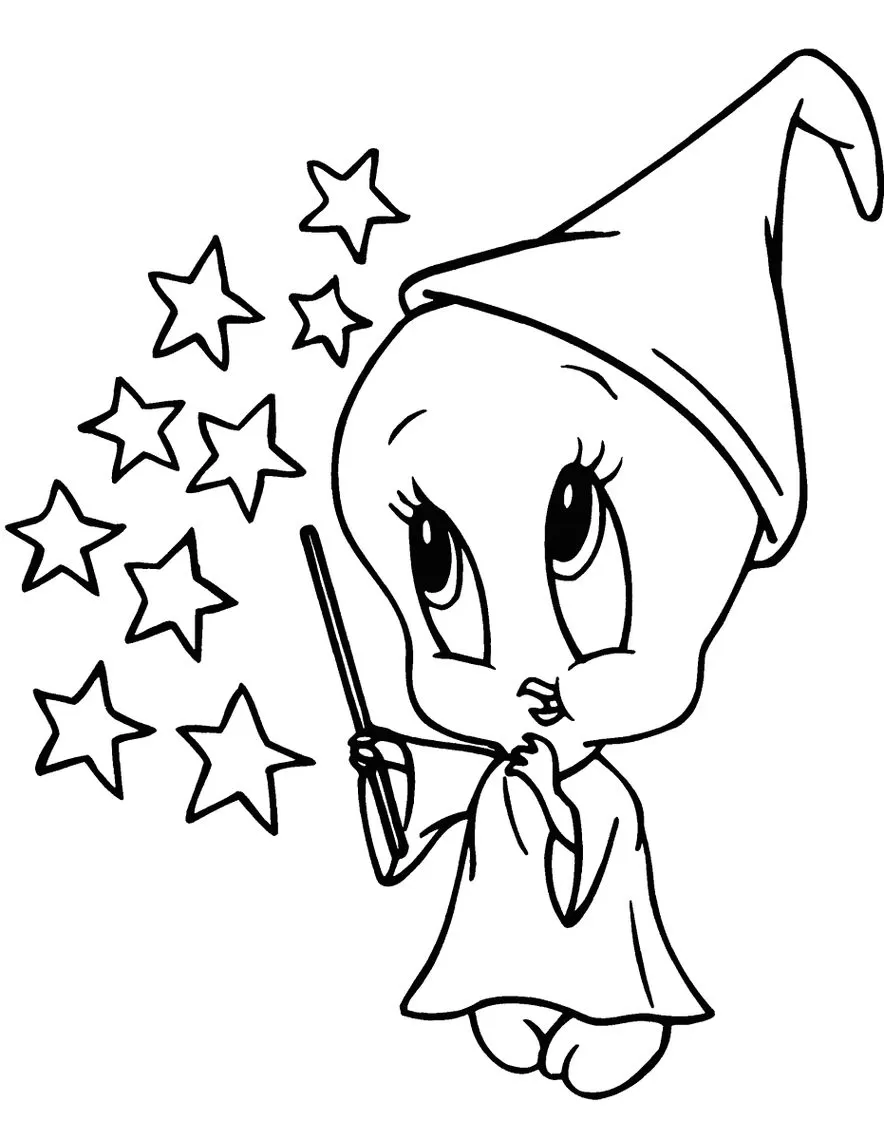 Desenhos de Piu Piu e Frajola Fada Piu Piu Piu Piu Mago: Desenho para colorir com chapéu e varinha mágica.