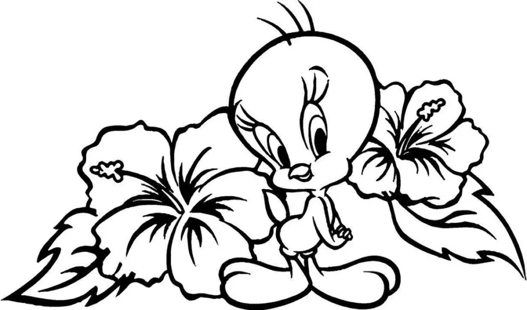 Desenhos de Piu Piu e Frajola Piu Piu entre as Flores Piu Piu sorrindo entre hibiscos. Desenho detalhado do canário Tweety em meio a flores vibrantes.