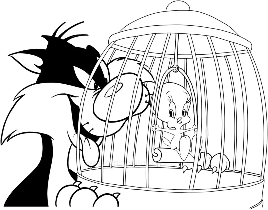 Desenhos de Piu Piu e Frajola Piu Piu na Gaiola Frajola espreita Piu Piu na gaiola: desenho divertido dos clássicos rivais.
