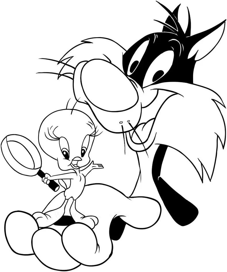 Desenhos de Piu Piu e Frajola Segurando a Lupa Piu Piu e Frajola investigando com lupa: Aventura animada