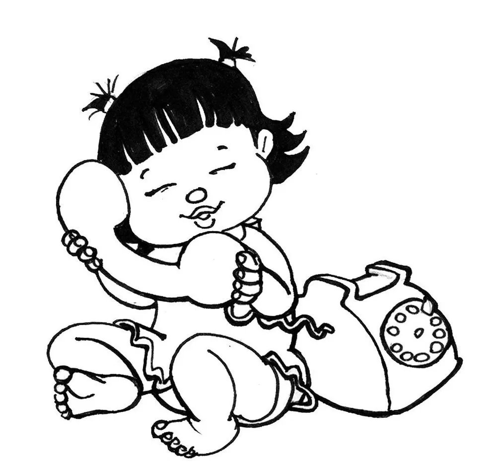 Desenhos de Telefone para colorir Altos Papos Criança com telefone antigo Altos Papos para colorir. Desenho de menina sorrindo com telefone rotativo.