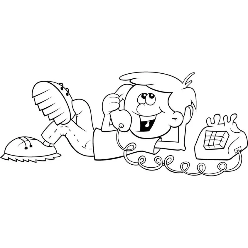 Desenhos de Telefone para colorir Conversando no Telefone Garoto relaxado conversando em telefone antigo para colorir. Desenho divertido com sapato casual e telefone com fio espiralado.
