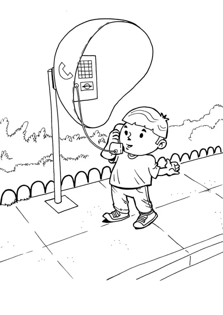 Desenhos de Telefone para colorir Orelhão Desenho de Orelhão para Colorir: Menino ao Telefone Público