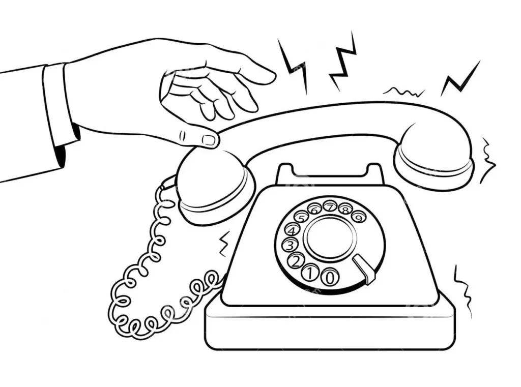 Desenhos de Telefone para colorir Telefone Tocando Desenho de telefone antigo tocando para colorir. Mão estendida para atender. Telefone com disco rotativo.