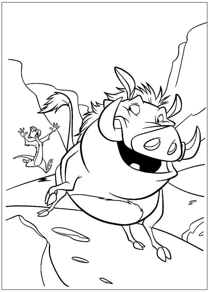 Timão e Pumba em Ação: Desenho para colorir dos famosos amigos correndo em ambiente natural.