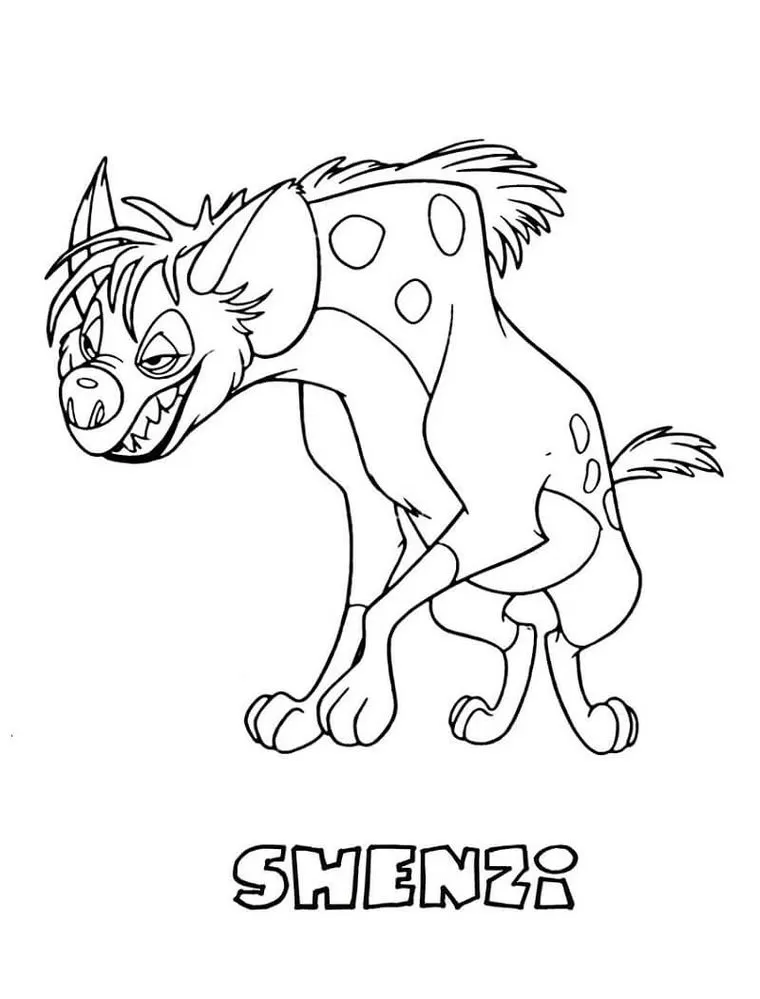 Shenzi, a hiena de 'O Rei Leão', em desenho para colorir. Atividade criativa com personagens do filme.