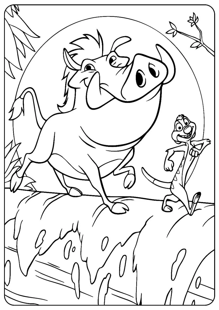 Timão e Pumba na cachoeira: desenho divertido para colorir com Pumba pulando e Timão correndo.