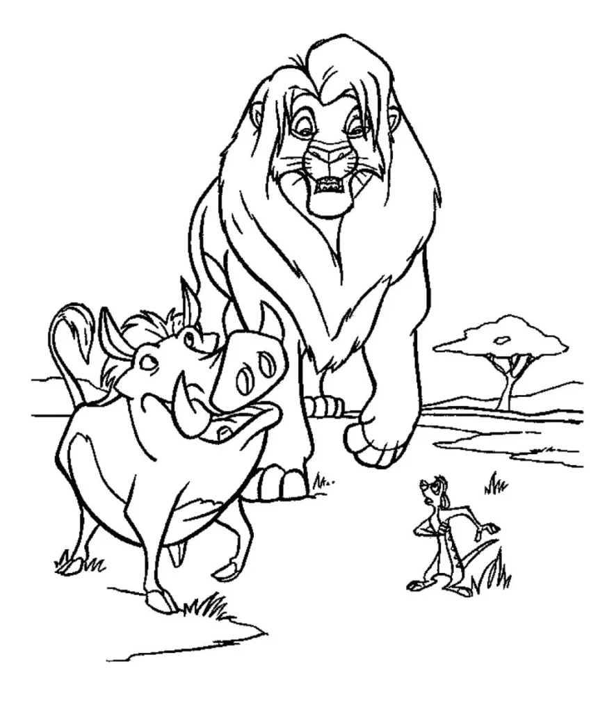 Simba, Timão e Pumba para colorir: Desenho dos personagens do Rei Leão.