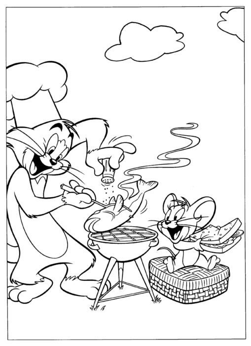 Tom e Jerry churrasqueando peixe: desenho para colorir divertido