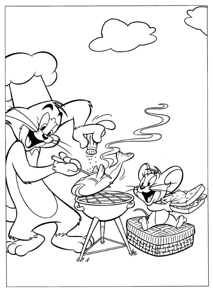 Tom e Jerry churrasqueando peixe: desenho para colorir divertido