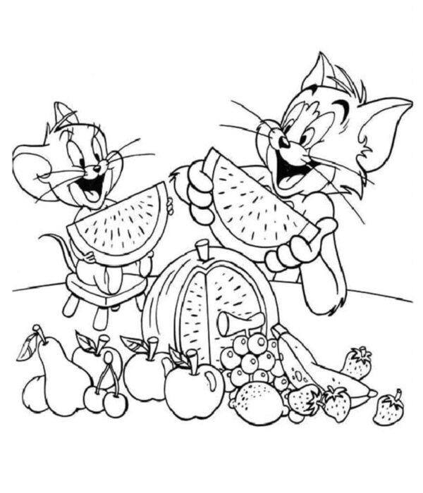 Tom e Jerry comendo frutas: Desenho para colorir divertido.
