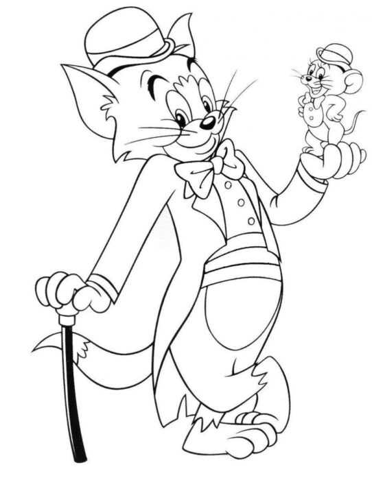 Tom e Jerry mágicos: Desenho para colorir com Tom de chapéu e bengala, equilibrando Jerry na mão.