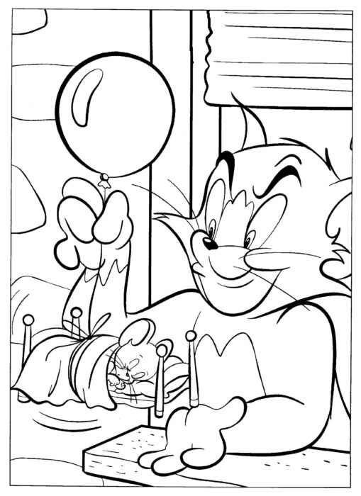 Tom e Jerry: Desenho para colorir de Jerry no balão. Imagem divertida com Tom sorrindo e Jerry em uma aventura.