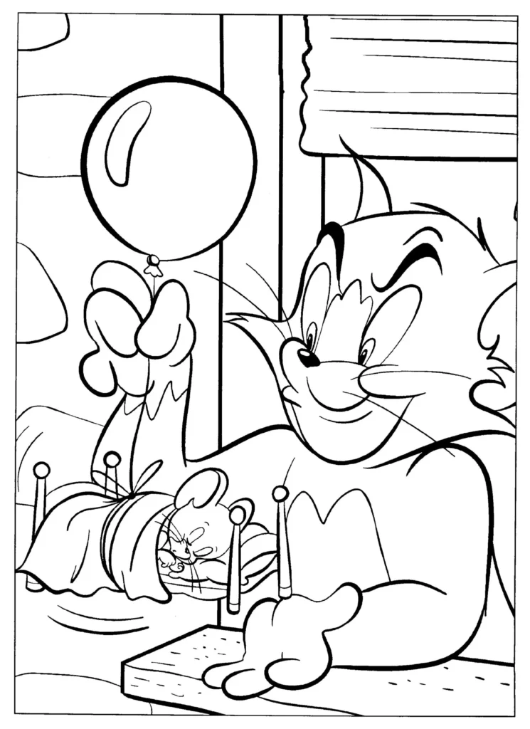 Tom e Jerry: Desenho para colorir de Jerry no balão. Imagem divertida com Tom sorrindo e Jerry em uma aventura.