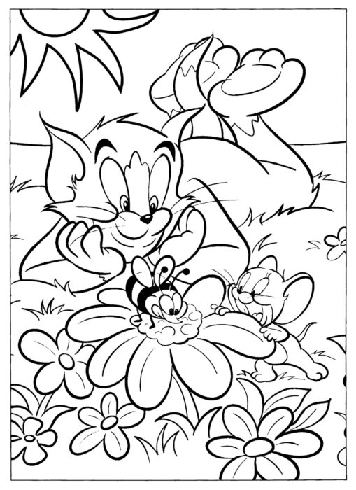Tom e Jerry com abelha em campo florido: desenho para colorir.