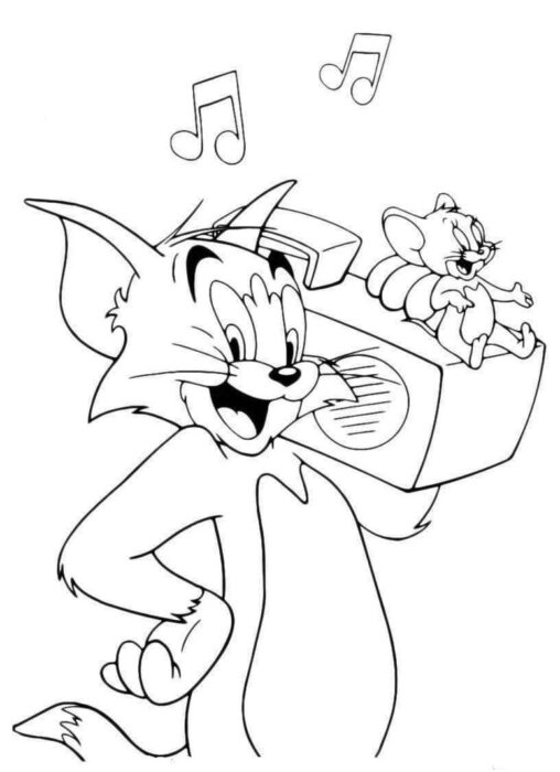 Tom e Jerry ouvindo música: desenho para colorir com o gato Tom carregando rádio e Jerry aproveitando o som.