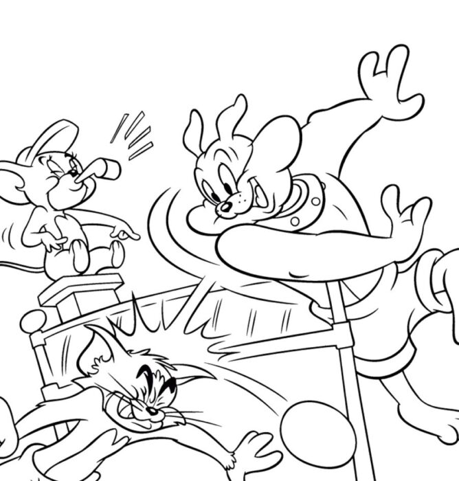 Tom e Jerry para colorir: A clássica cena com Spike em plena ação.