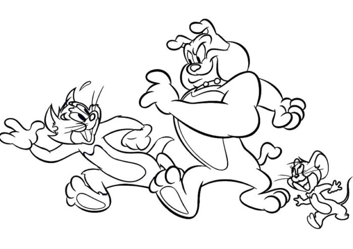 Tom e Jerry: Desenho divertido para colorir com Tom, Jerry e Spike em ação.