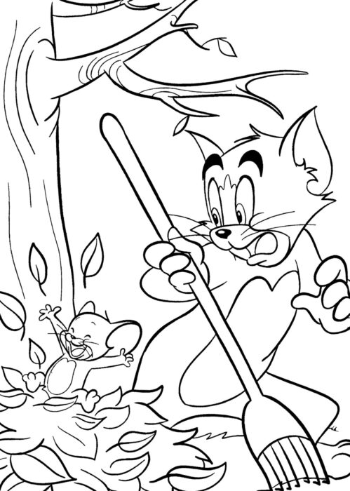Tom e Jerry varrendo folhas de outono: desenho para colorir do clássico desenho animado.