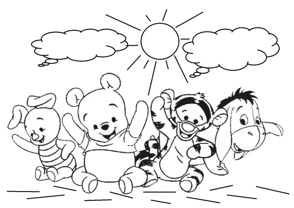 Ursinho Pooh e seus amigos Piglet, Tigrão e Eeyore em desenho para colorir.