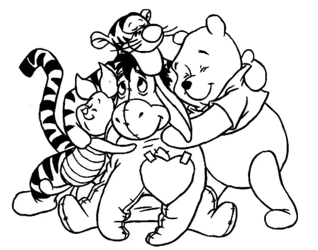 Ursinho Pooh e amigos: colorir cena 'Amigos Para Sempre' com Eeyore no centro.