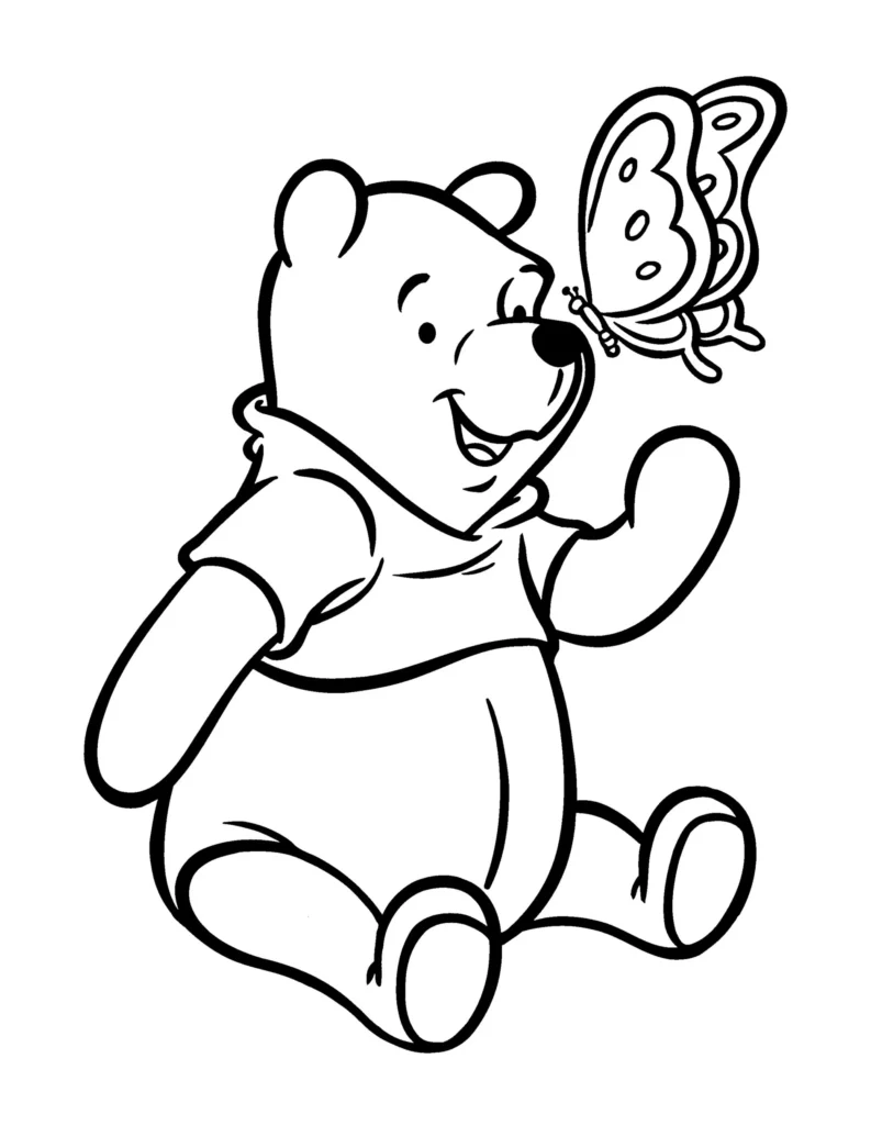 Ursinho Pooh com borboleta para colorir. Desenho do Pooh sorrindo com uma borboleta no nariz.