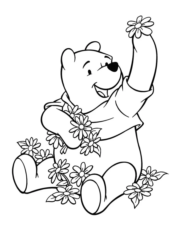 Ursinho Pooh para colorir entre flores. Desenho do Pooh sorrindo e segurando uma flor.