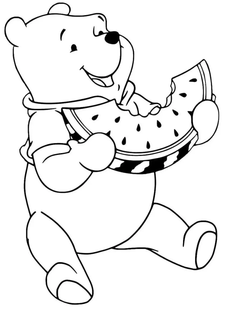 Ursinho Pooh para colorir: divirta-se com Pooh comendo melancia