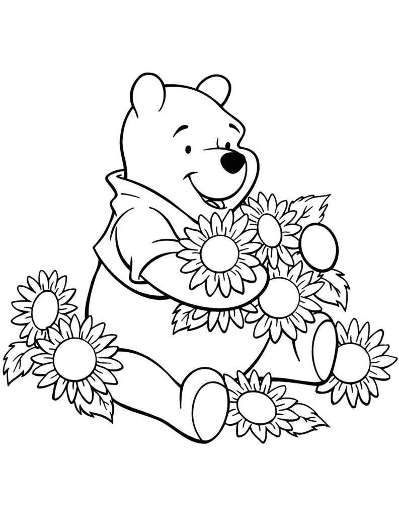 Ursinho Pooh para Colorir: Aventura entre Girassóis Radiantes