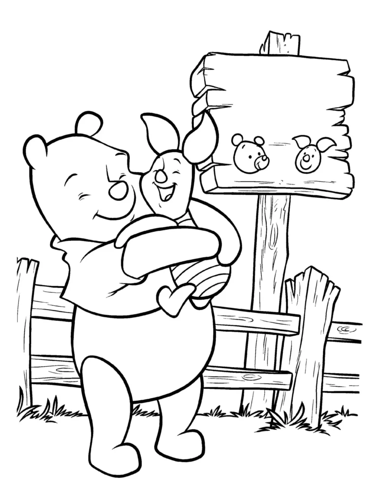 Ursinho Pooh e Leitão felizes para colorir. Desenho com Pooh abraçando Leitão em um cenário campestre.