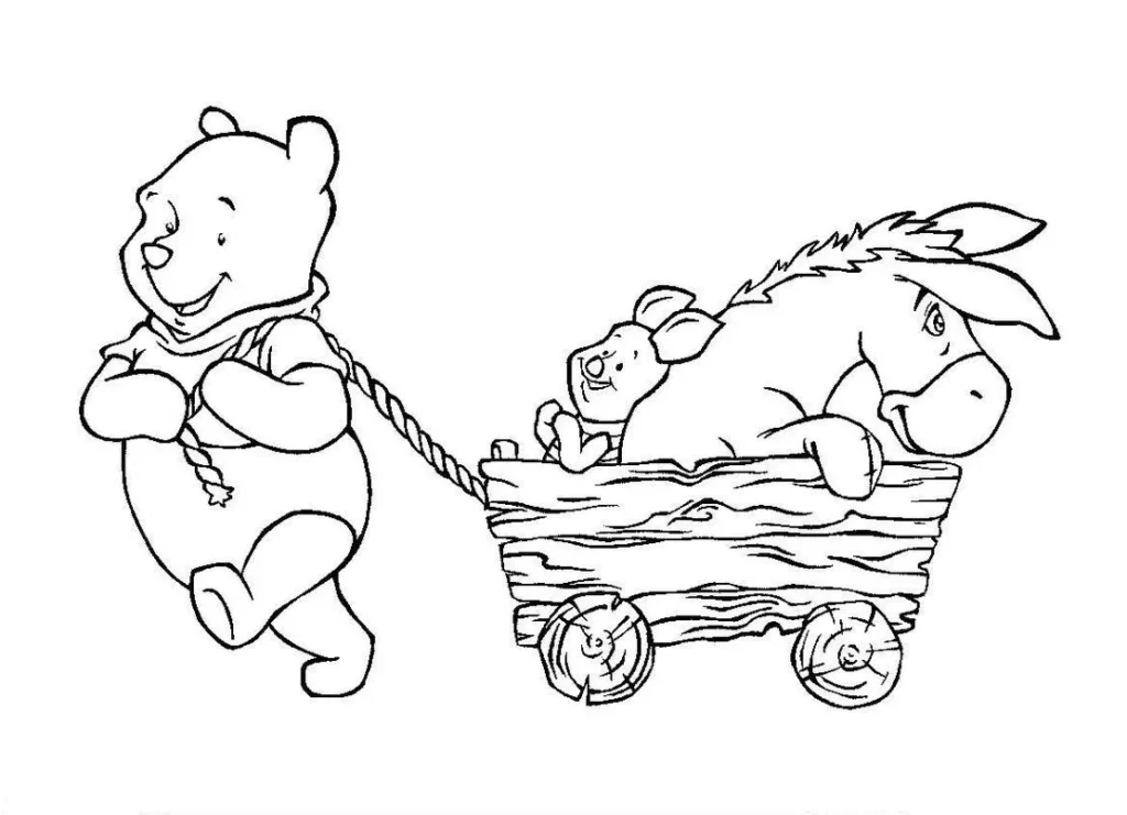 Ursinho Pooh puxando carroça com Leitão e Igor para colorir.