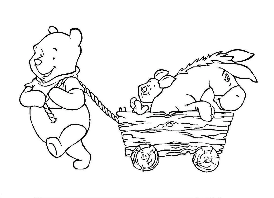 Ursinho Pooh puxando carroça com Leitão e Igor para colorir.