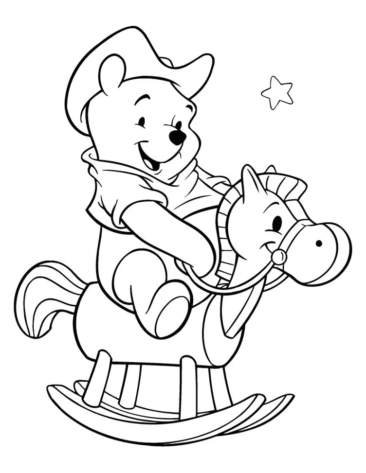 Ursinho Pooh Cowboy em Cavalinho de Balanço para Colorir