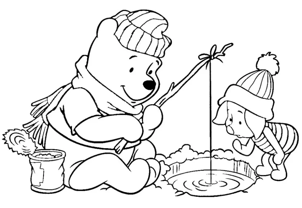 Ursinho Pooh e Leitão pescando no gelo: desenho para colorir.
