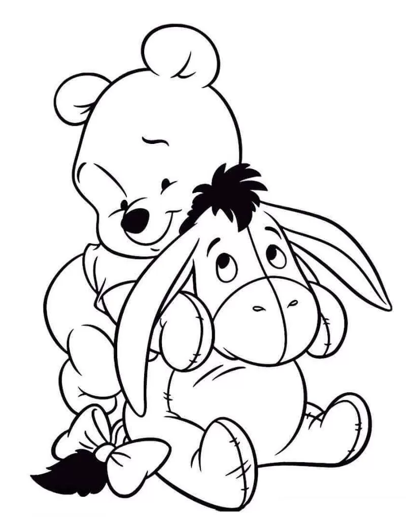 Ursinho Pooh e Bisonho para colorir: Pooh abraçando Bisonho, com laço na cauda.