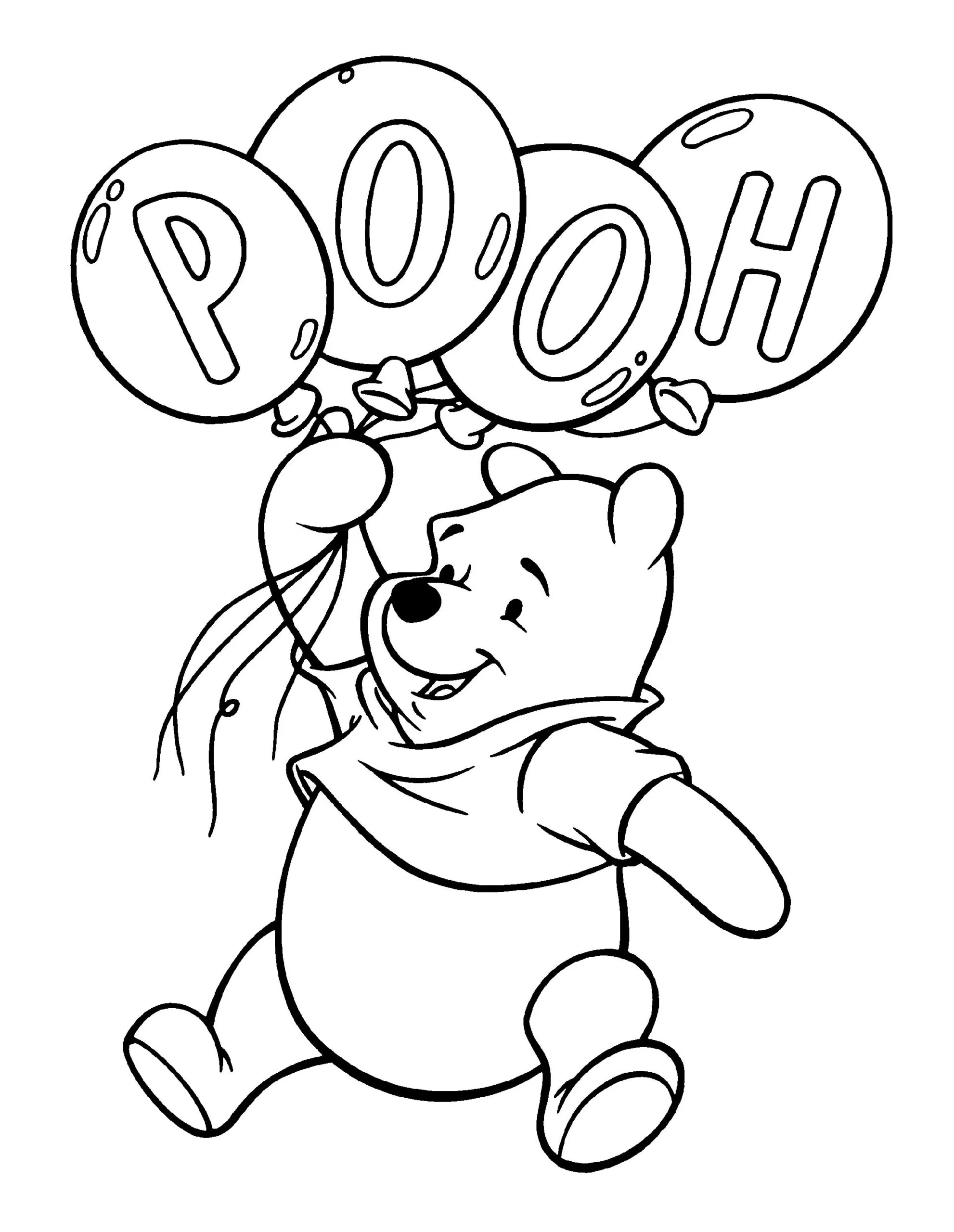 Ursinho Pooh com balões 'POOH' para colorir. Desenho divertido do Pooh sorrindo e dançando.