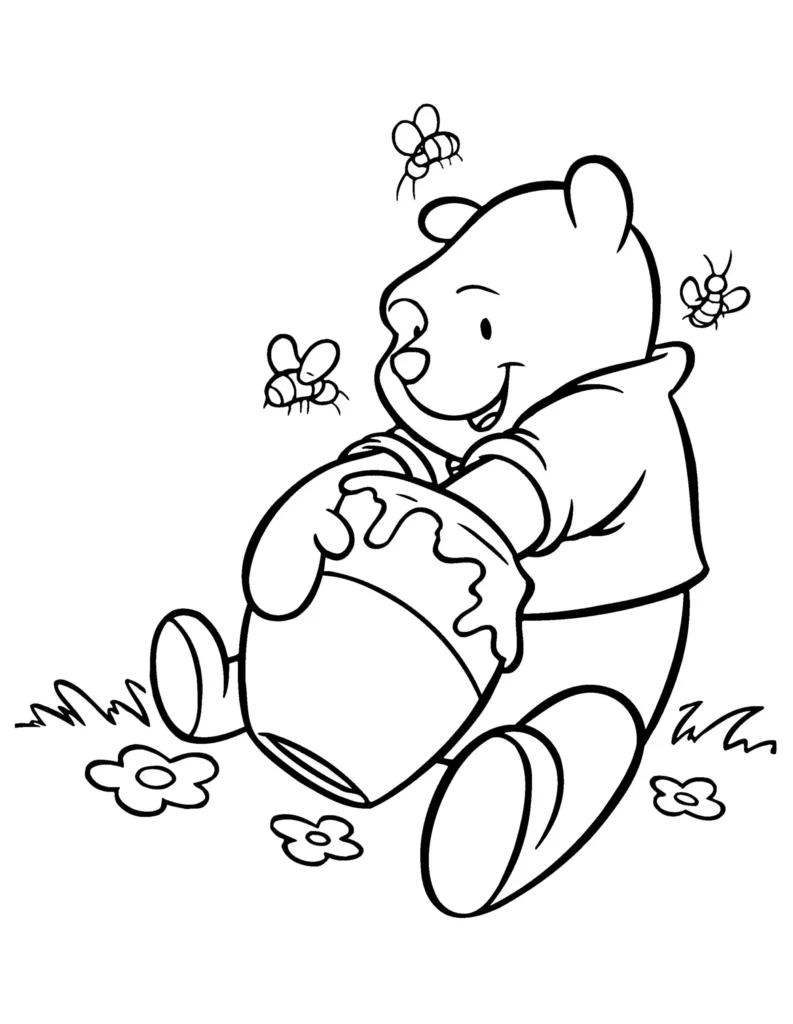 Ursinho Pooh com Pote de Mel: Desenho para colorir com abelhas e flores.