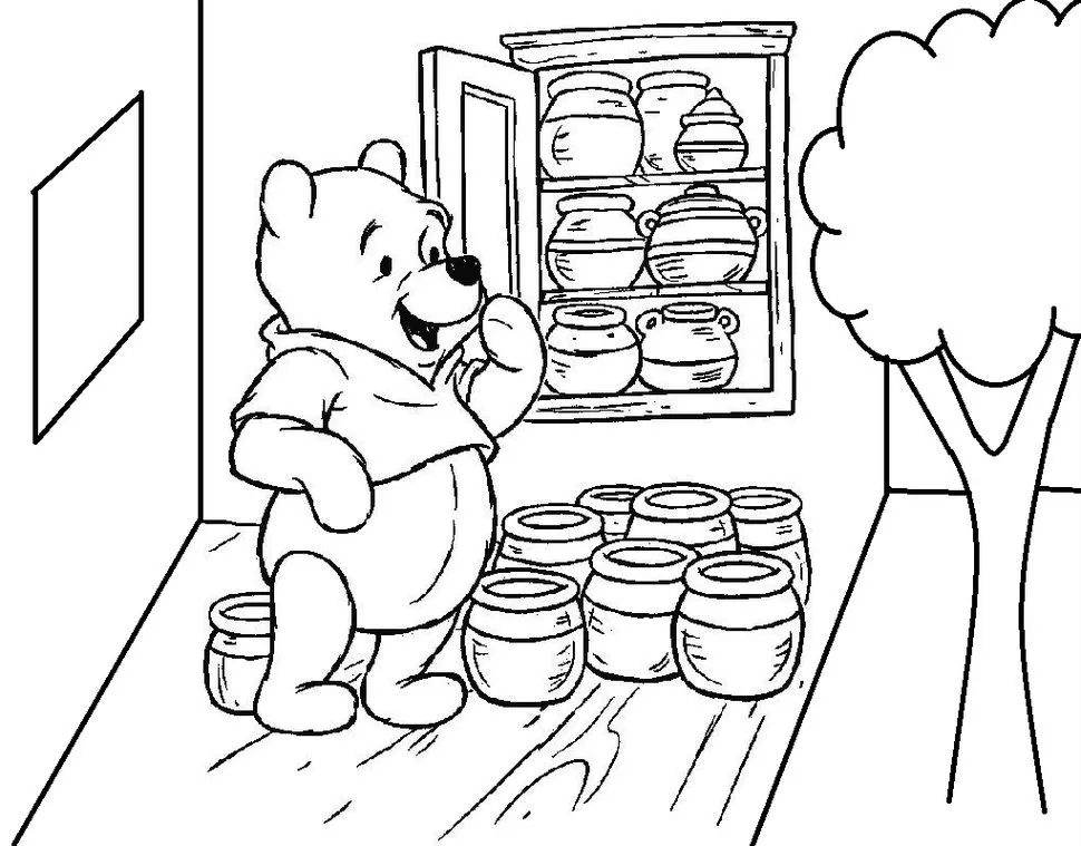 Ursinho Pooh e potes de mel: Desenho para colorir do Pooh perto de armário cheio de mel.