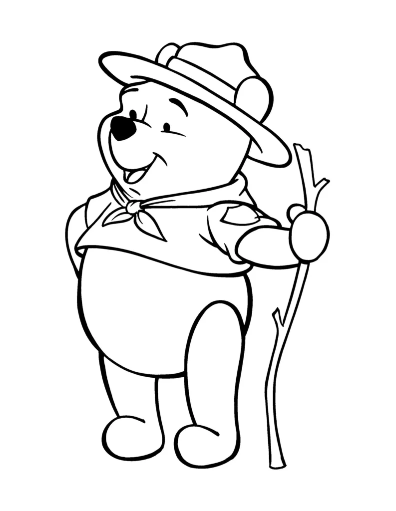Ursinho Pooh aventureiro para colorir: Desenho simples do Pooh como explorador com chapéu e galho.
