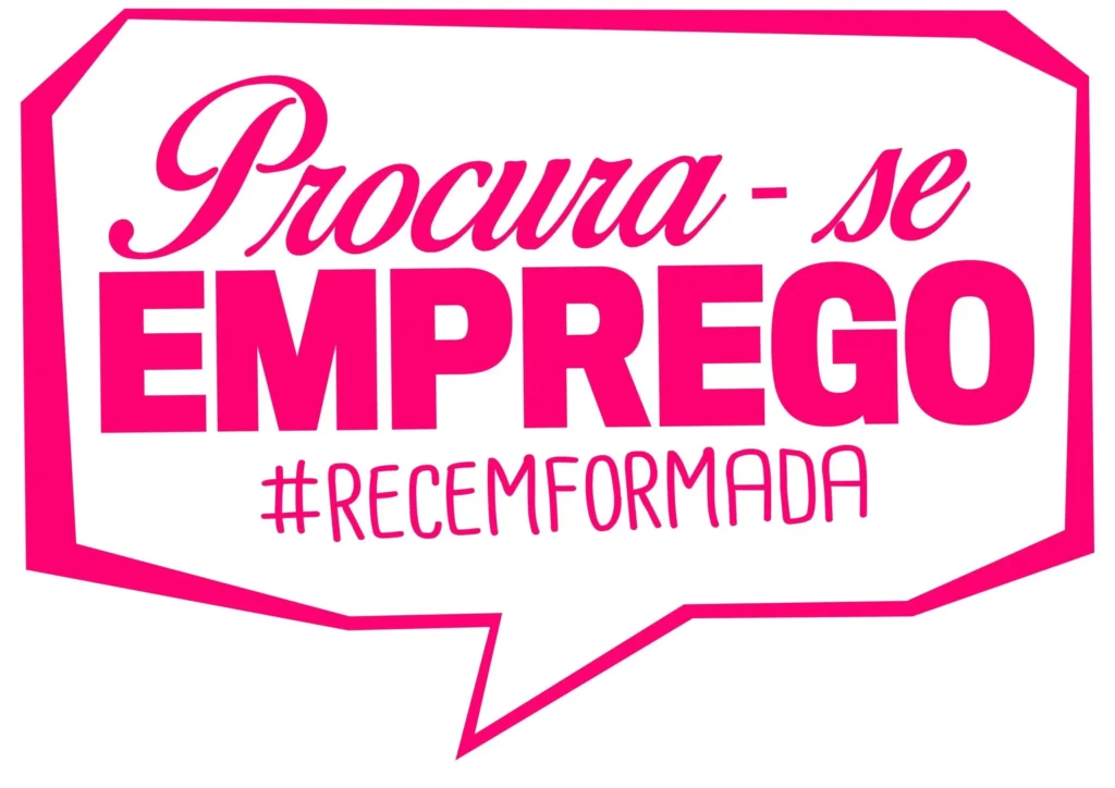 Plaquinha divertida rosa 'Procura-se EMPREGO' #RECEMFORMADA. Design criativo para redes sociais.